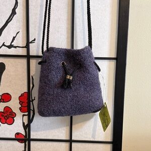 NWT Hand Knit Boiled Wool Drawstring Crossbody Bag in Deep Heather Purple